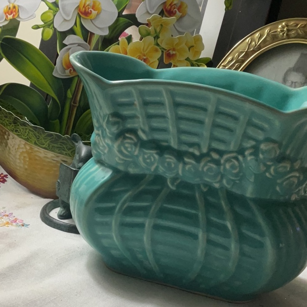 Shawnee Pottery turquoise planter vase. Rose basket.